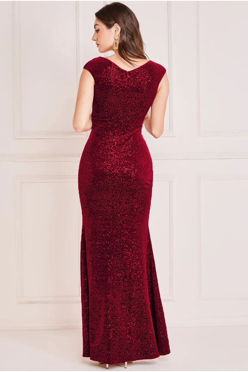 Goddiva Sequin & Velvet Bardot Maxi Dress - Wine sold by Goddiva product image thumbnail 2