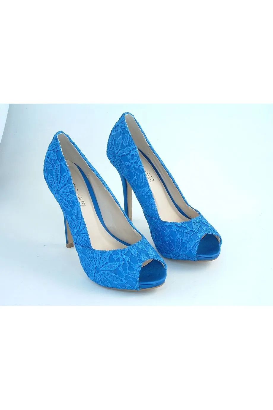 Glitz Shoes Glamour N Glitz Lace Satin Peep Toe Court Shoe sold by Goddiva