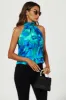 Abstract Floral Print Halter Neck Tie Back Top In Blue by FS Collection sold by Goddiva