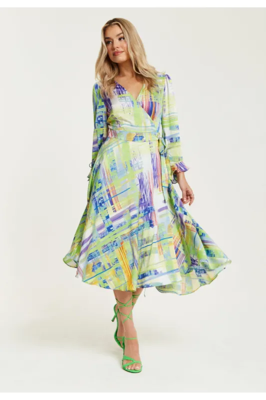 Liquorish Abstract Print Midi Wrap Dress In Green sold by Goddiva