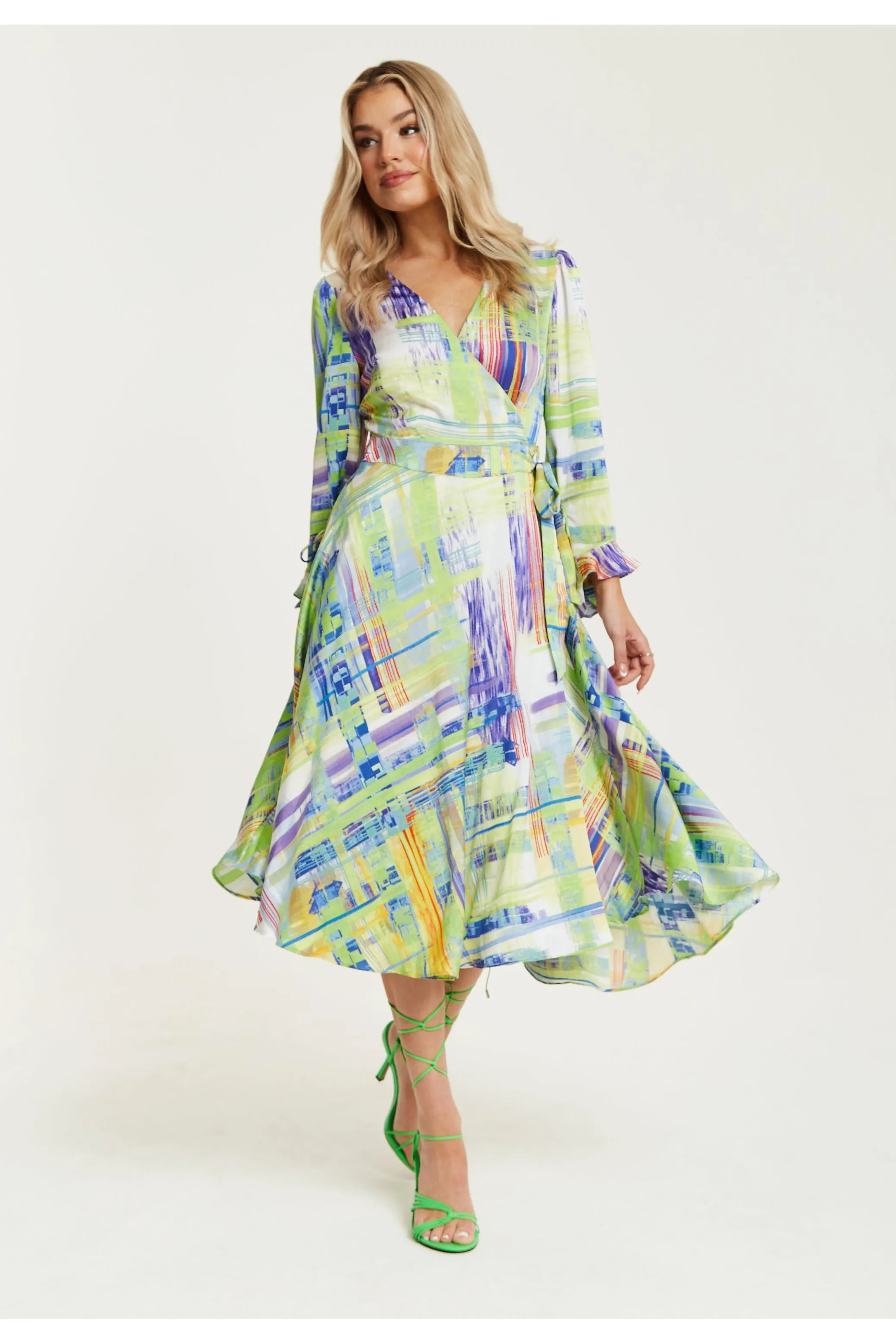 Liquorish Abstract Print Midi Wrap Dress In Green sold by Goddiva