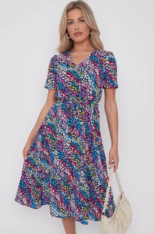 LOVE SUNSHINE Navy Rainbow Leopard Print V Neck Frilled Hem Midi Dress sold by Goddiva