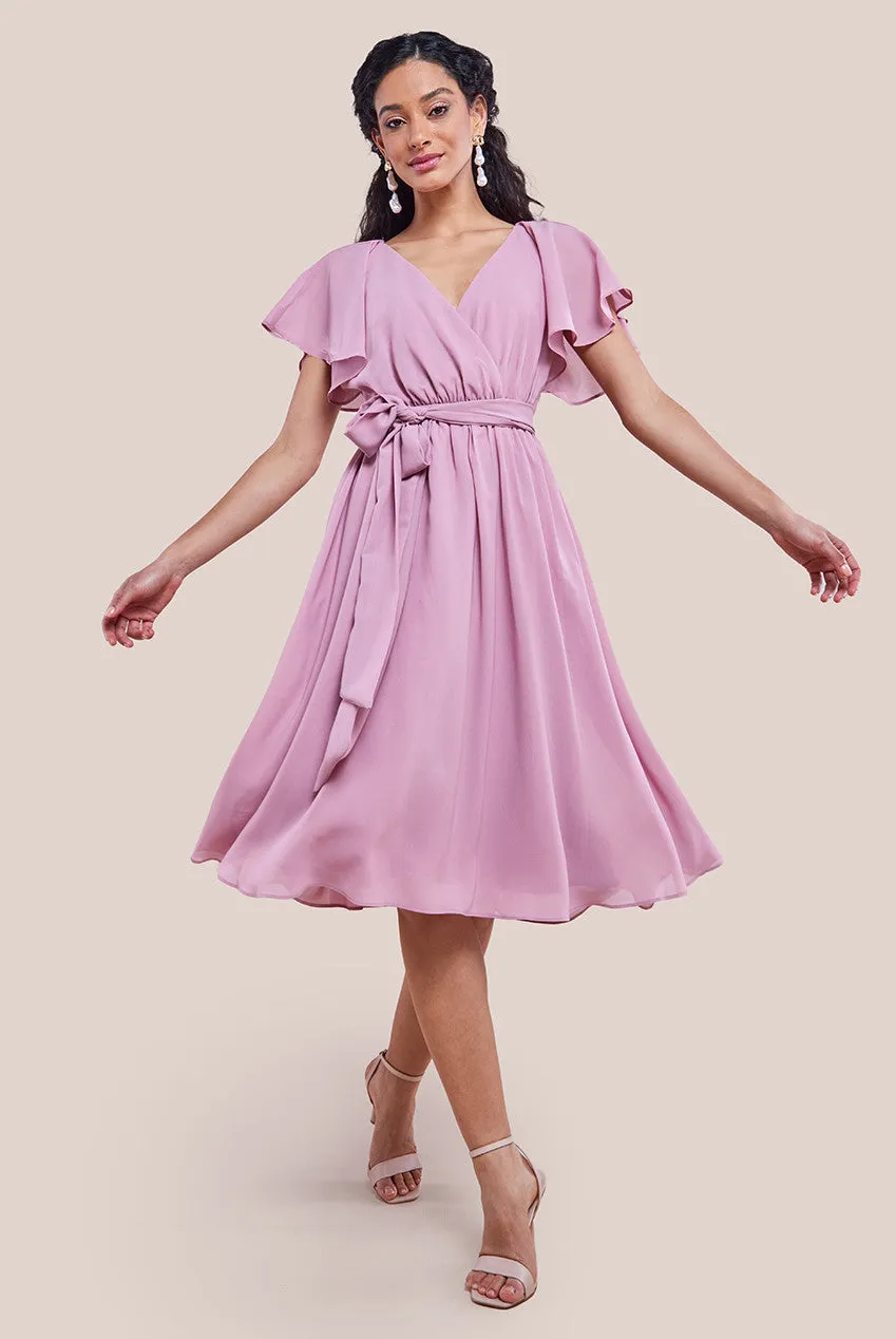 Goddiva Sustainable Flutter Sleeve Chiffon Wrap Midi Dress - Lavender sold by Goddiva