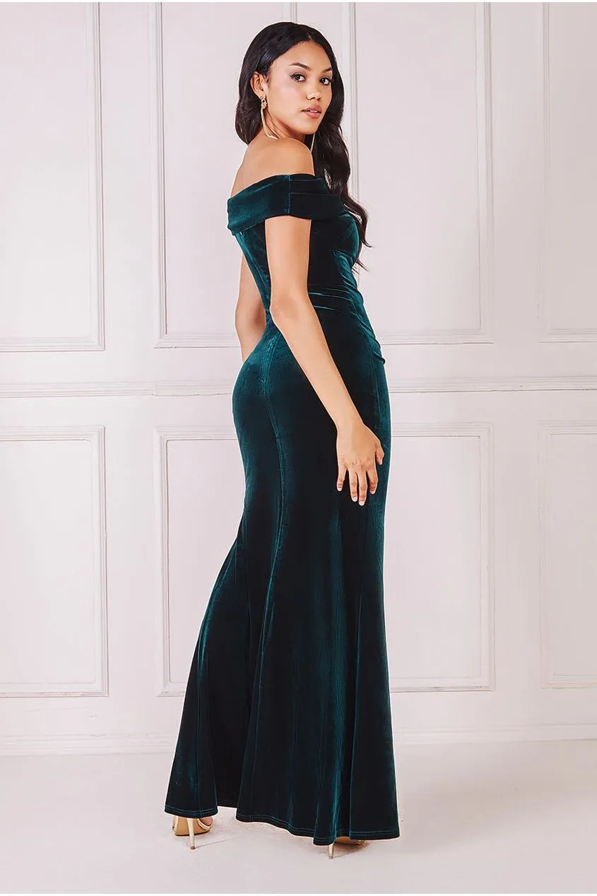 Goddiva Velvet Bardot Maxi Dress With Split - Emerald Green sold by Goddiva product image thumbnail 2