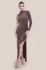 Open Lurex Back One Sleeve Maxi Dress - Bronze by Goddiva sold by Goddiva