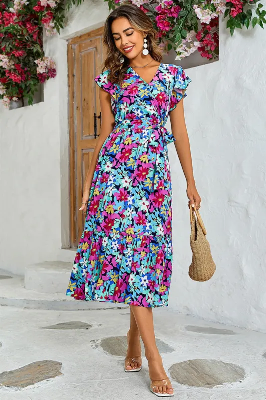 FS Collection Multi Colour Floral Print Wrap Dress In Navy sold by Goddiva