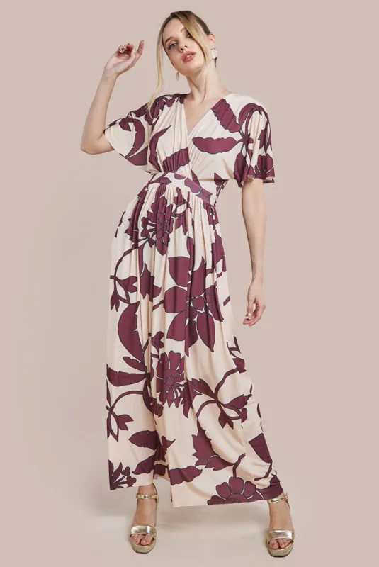 Leaf Print Flutter Sleeve Maxi Dress - Cream by Goddiva sold by Goddiva