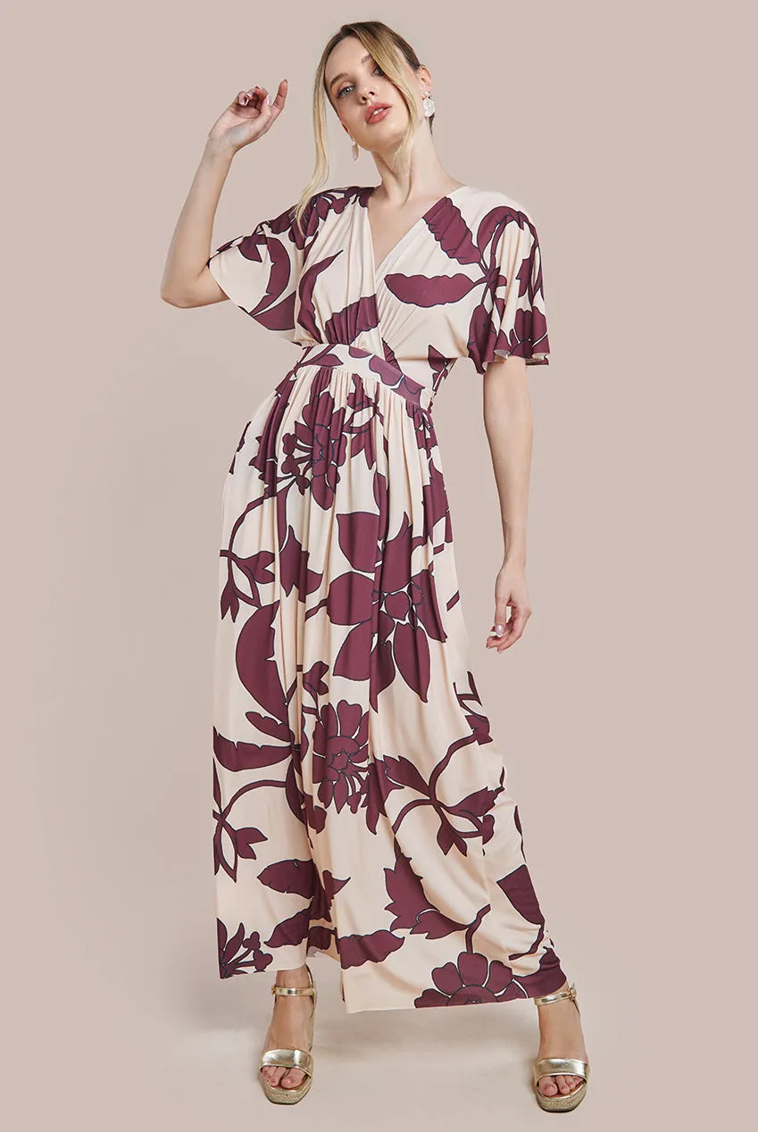 Leaf Print Flutter Sleeve Maxi Dress - Cream by Goddiva sold by Goddiva