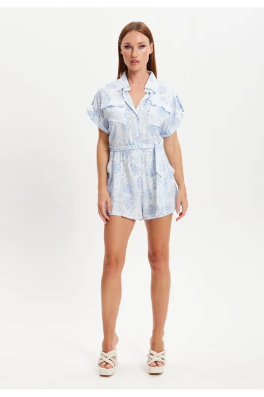 Blue Leaf Printed Playsuit by Liquorish sold by Goddiva