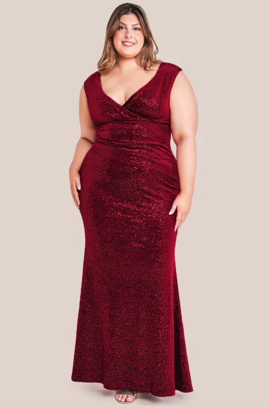 Sequin & Velvet Bardot Maxi Dress - Wine by Goddiva Plus sold by Goddiva