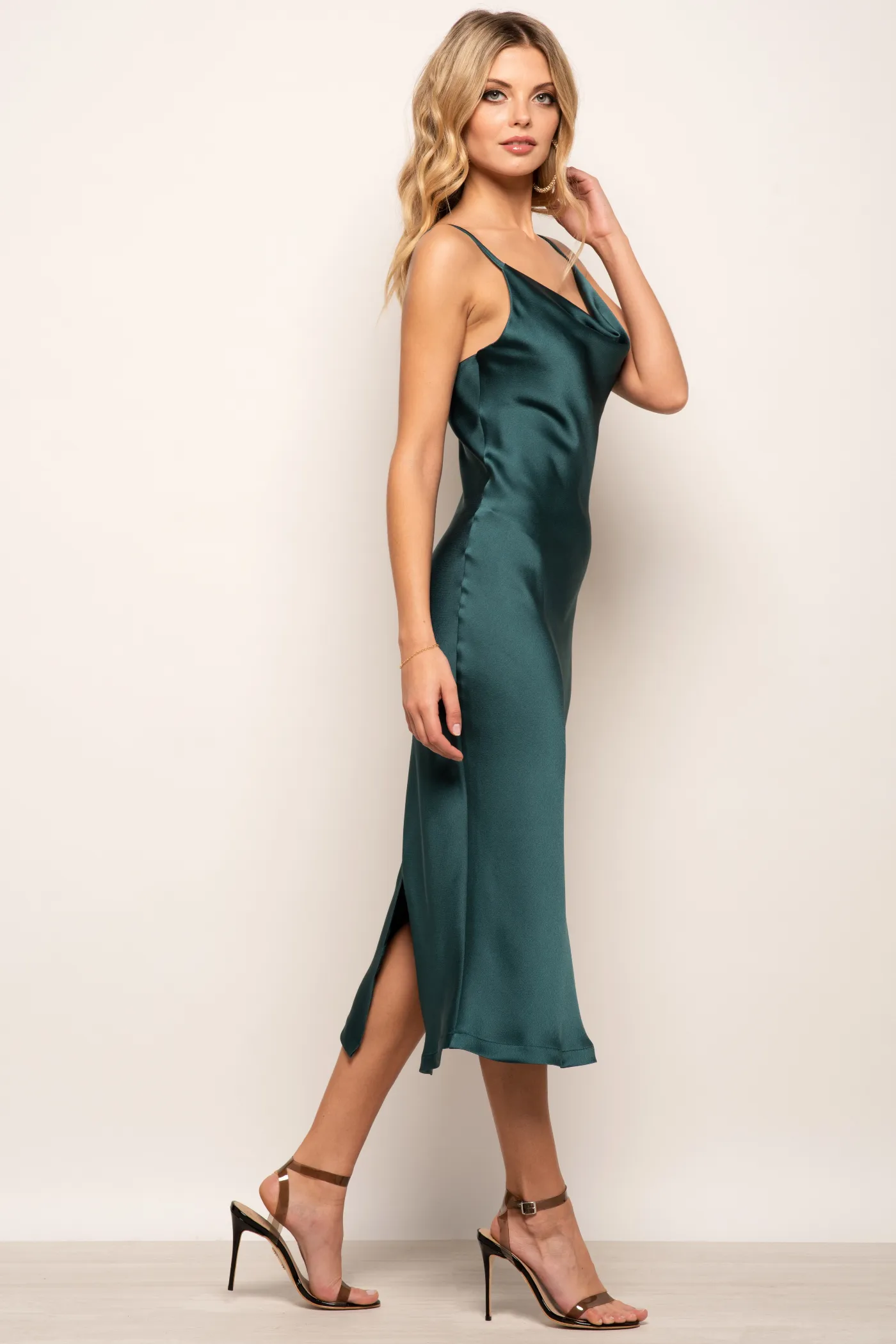 Cowl Neck Satin Slip Cami Midi Dress by Urban Touch sold by Goddiva