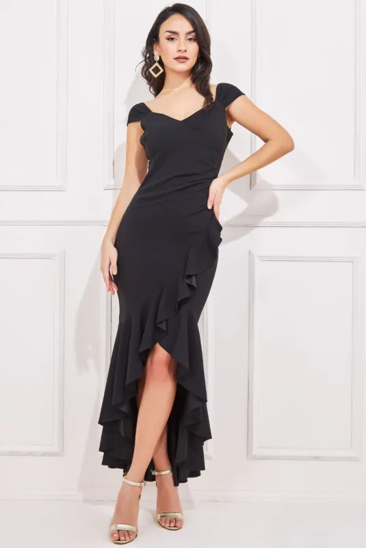 Goddiva High Low Frill Hem Maxi Dress - Black sold by Goddiva