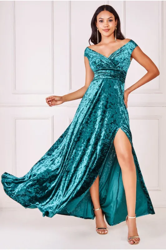 Ice Velvet Bardot Wrap Maxi - Emerald Green by Goddiva sold by Goddiva