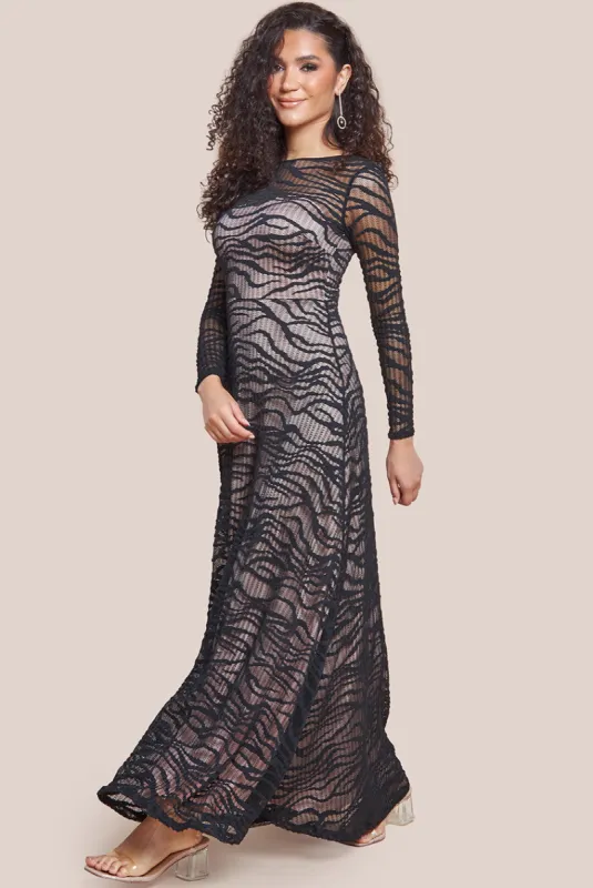 Goddiva Geo Wave Flare Skirt Long Sleeve Maxi Dress - Black sold by Goddiva