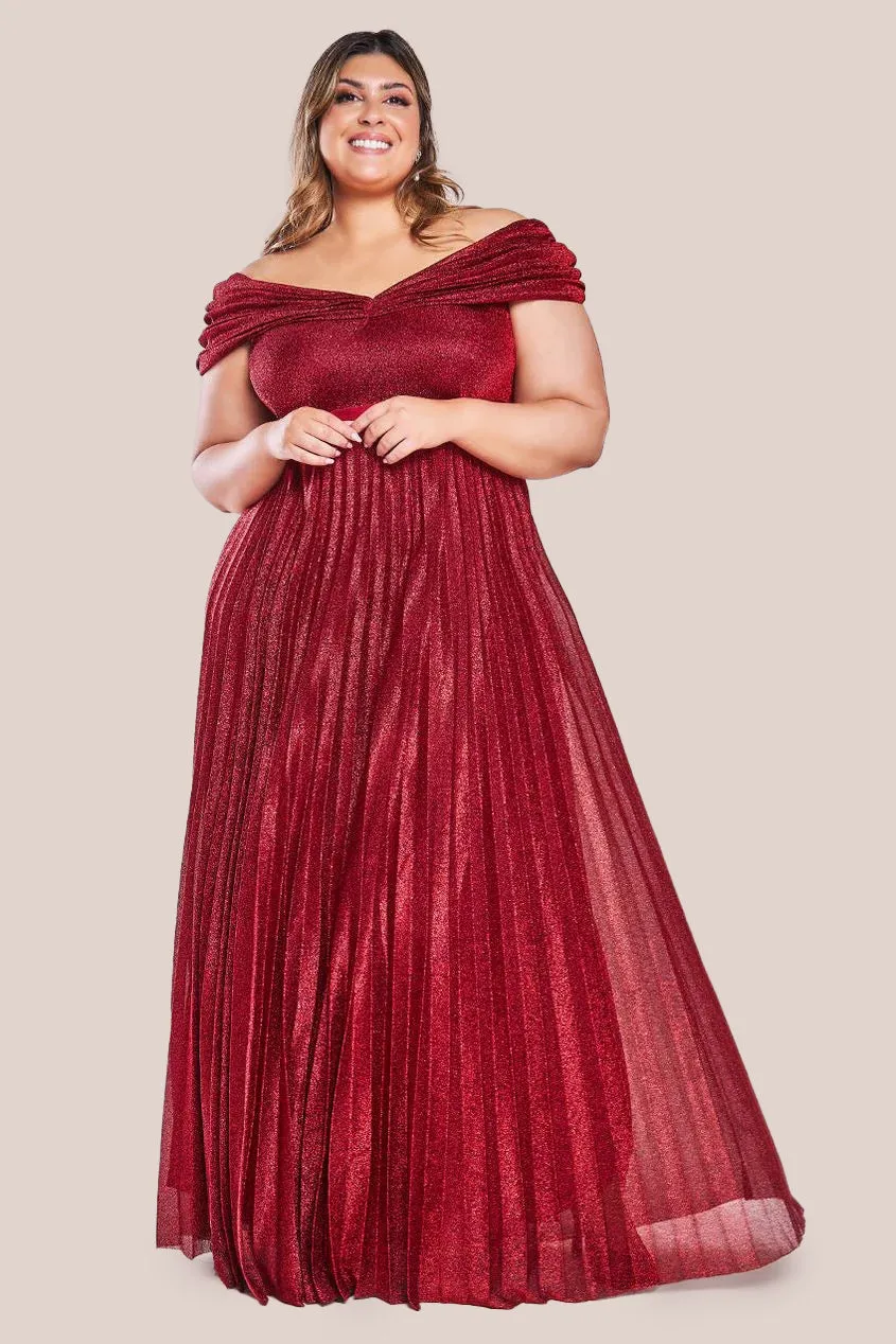 Goddiva Plus Bardot Pleated Skirt Maxi Dress - Red sold by Goddiva