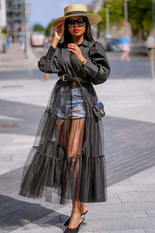 SETSOFRAN London Black Sheer Tulle Shirt Dress sold by Goddiva