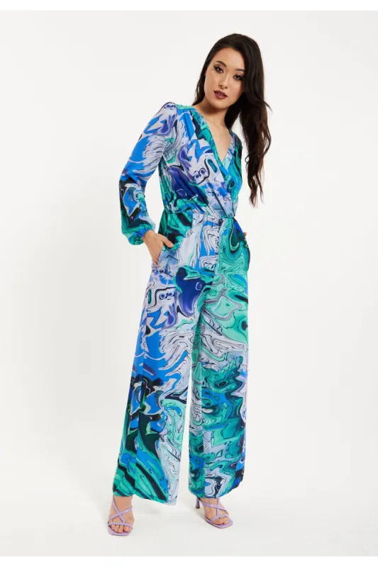 Turquoise Marble Print Jumpsuit by Liquorish sold by Goddiva