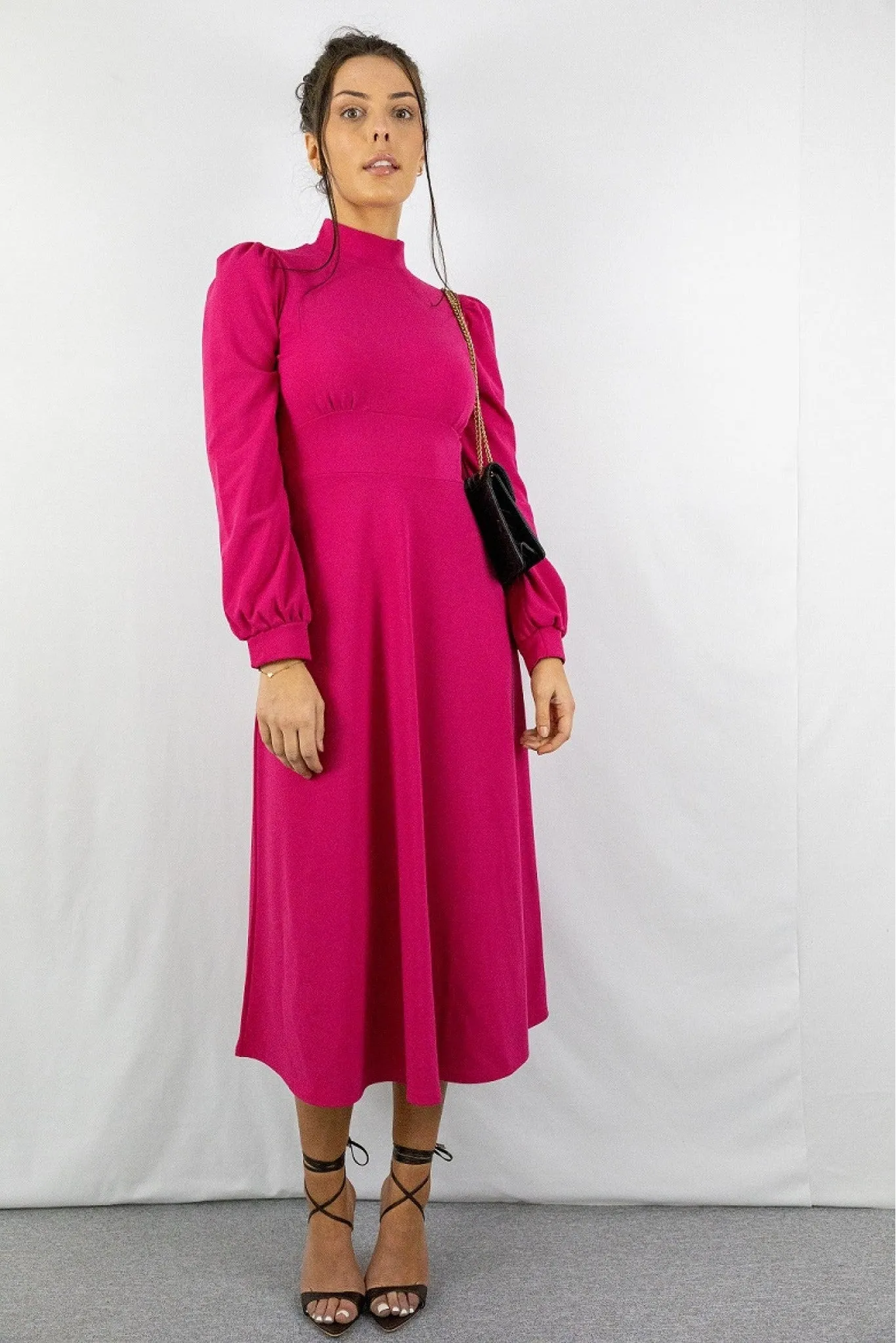 Signage Pink Turtle Neck Keyhole Long Sleeve Skater Midi sold by Goddiva