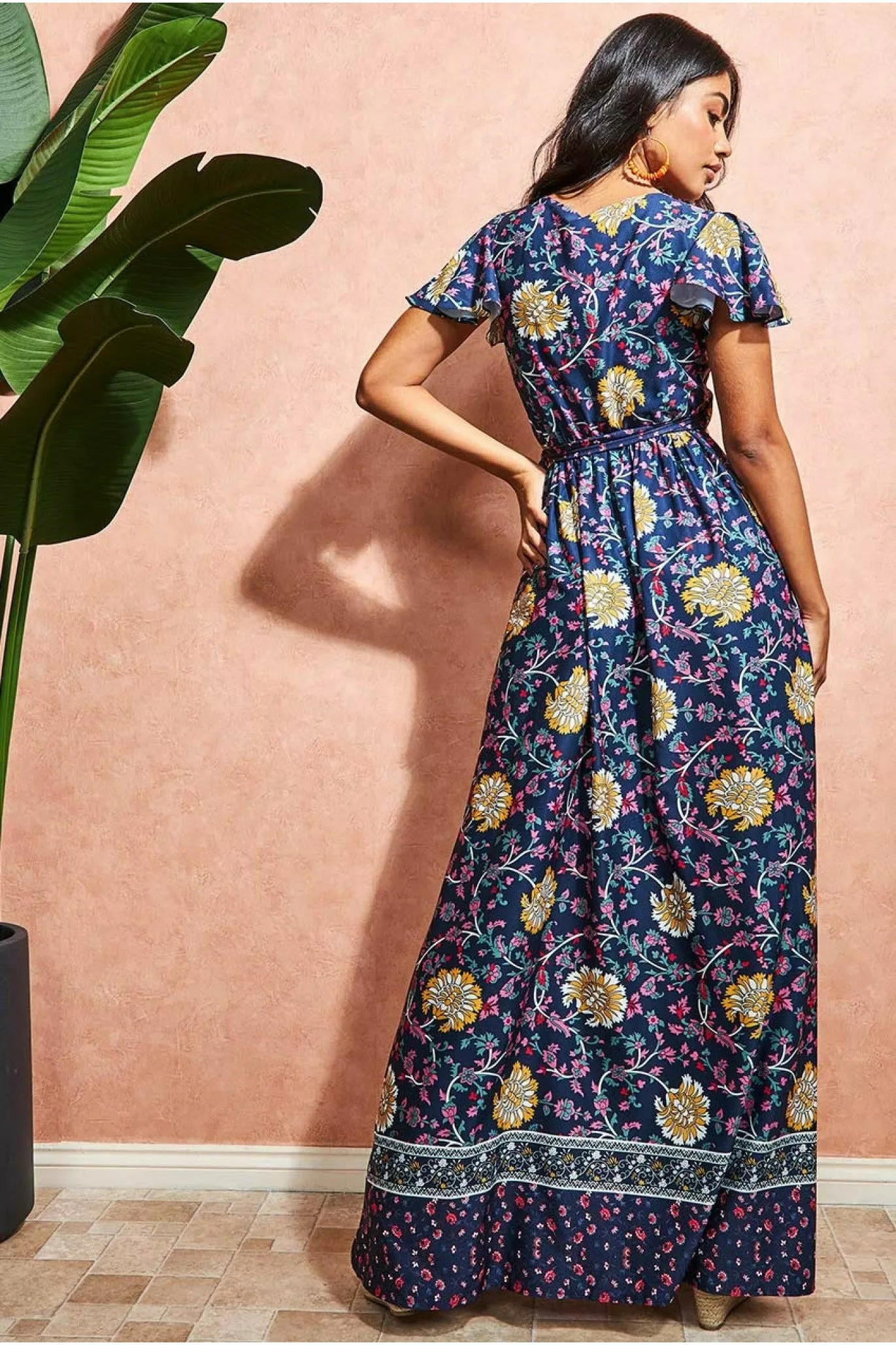 Floral Print Maxi With Flutter Sleeves - Navy Print by Goddiva sold by Goddiva product image thumbnail 2