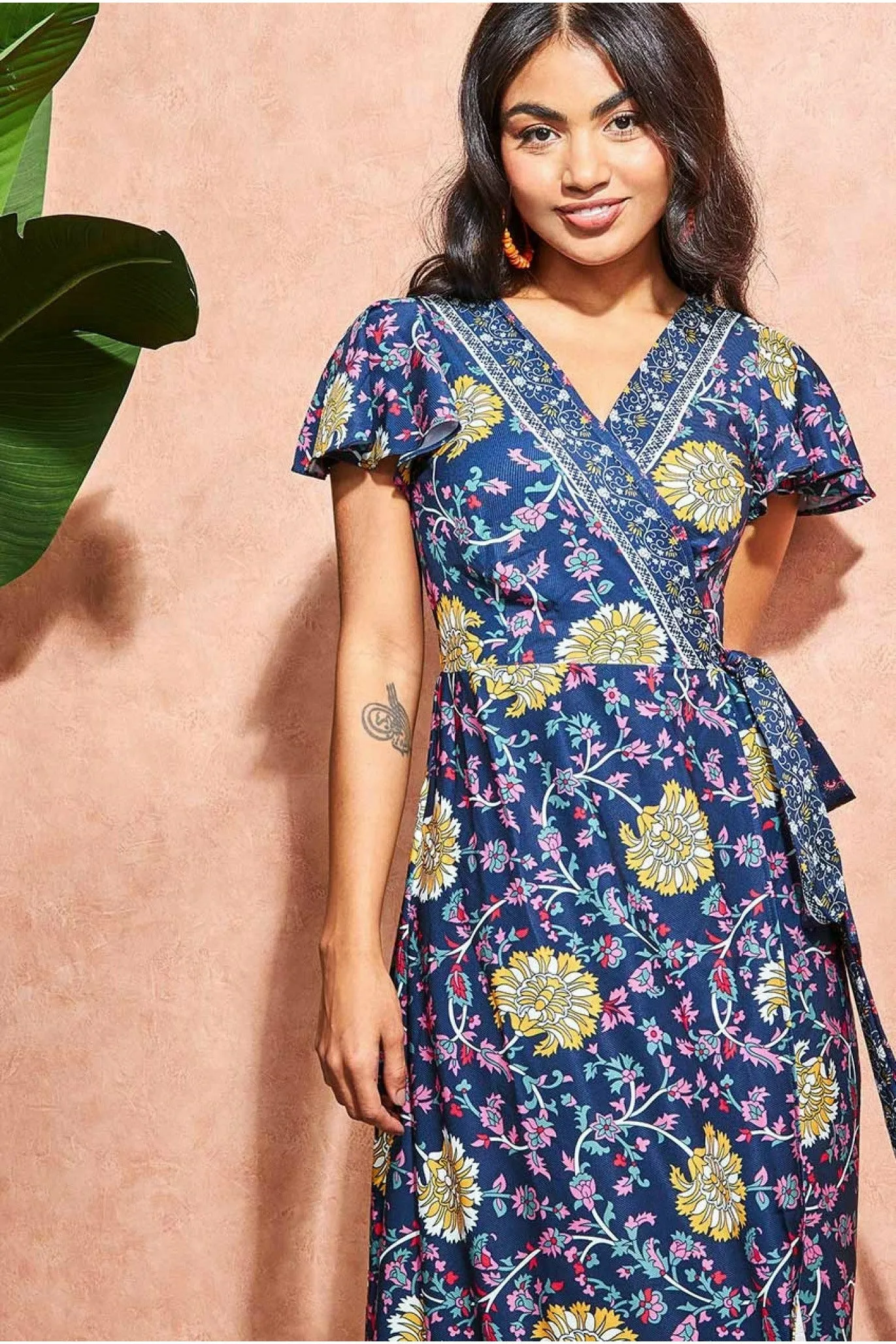 Floral Print Maxi With Flutter Sleeves - Navy Print by Goddiva sold by Goddiva product image thumbnail 3