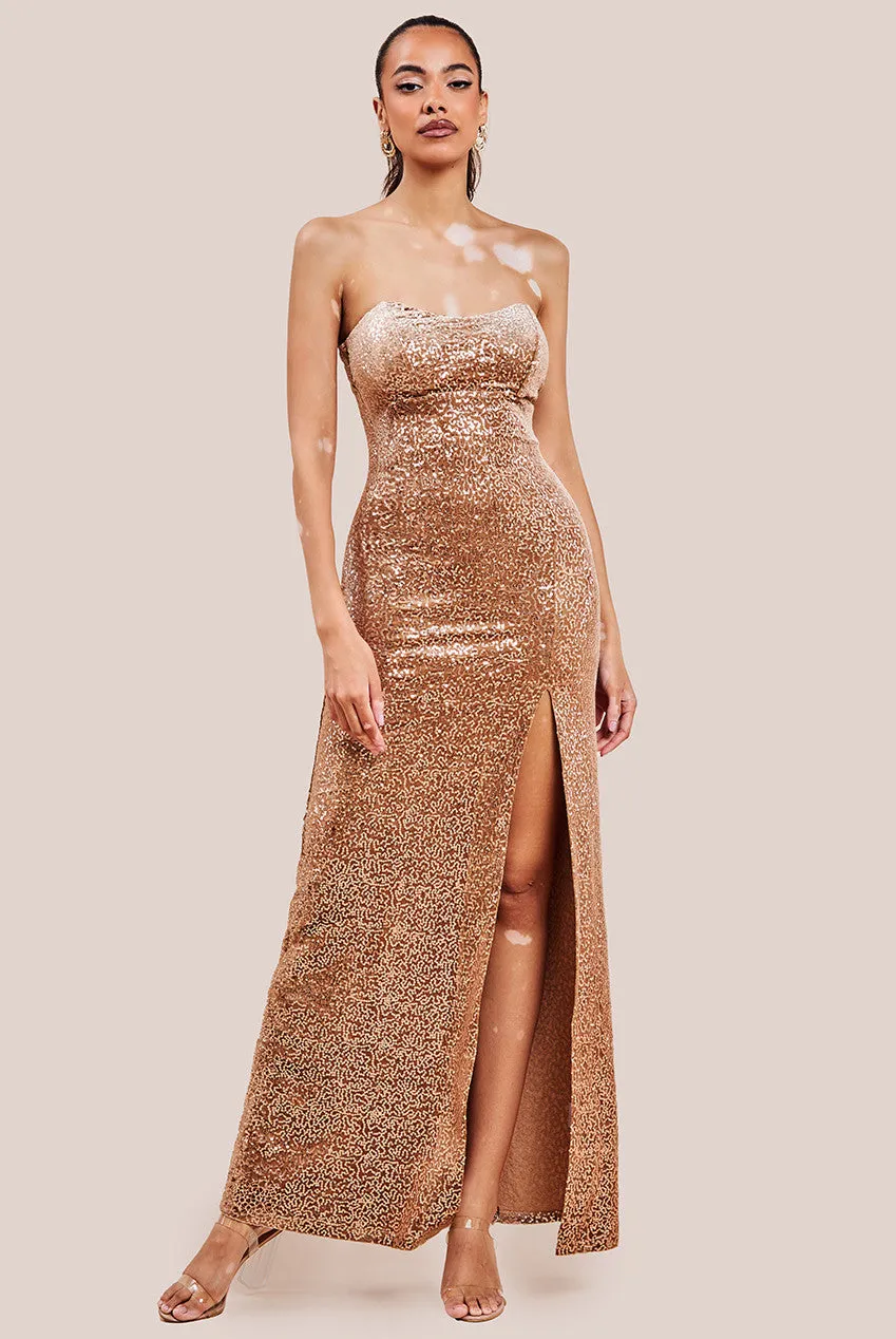 Sequin Velvet Bandeau Maxi Dress - Champagne by Goddiva sold by Goddiva