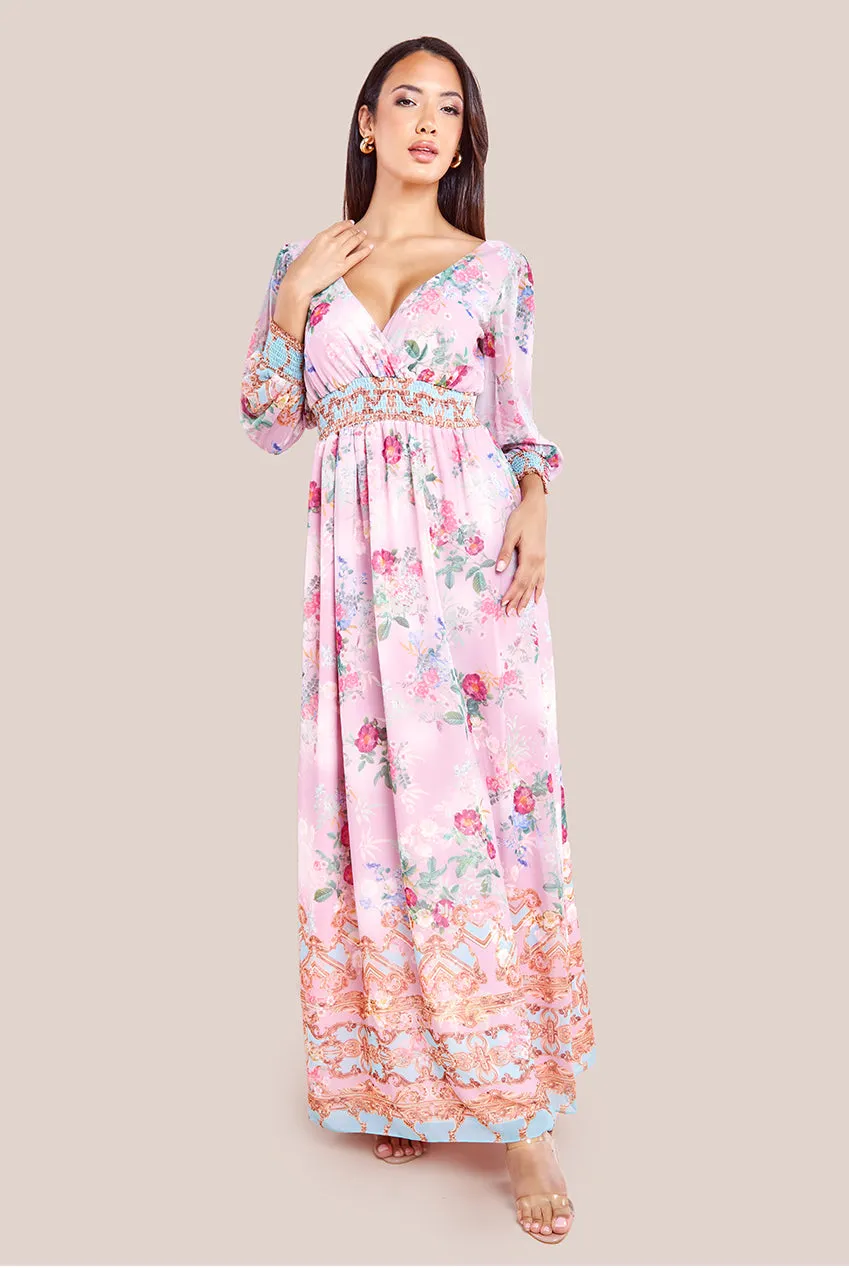 Goddiva Chiffon Wrap Border Floral Print Maxi Dress - Pink sold by Goddiva