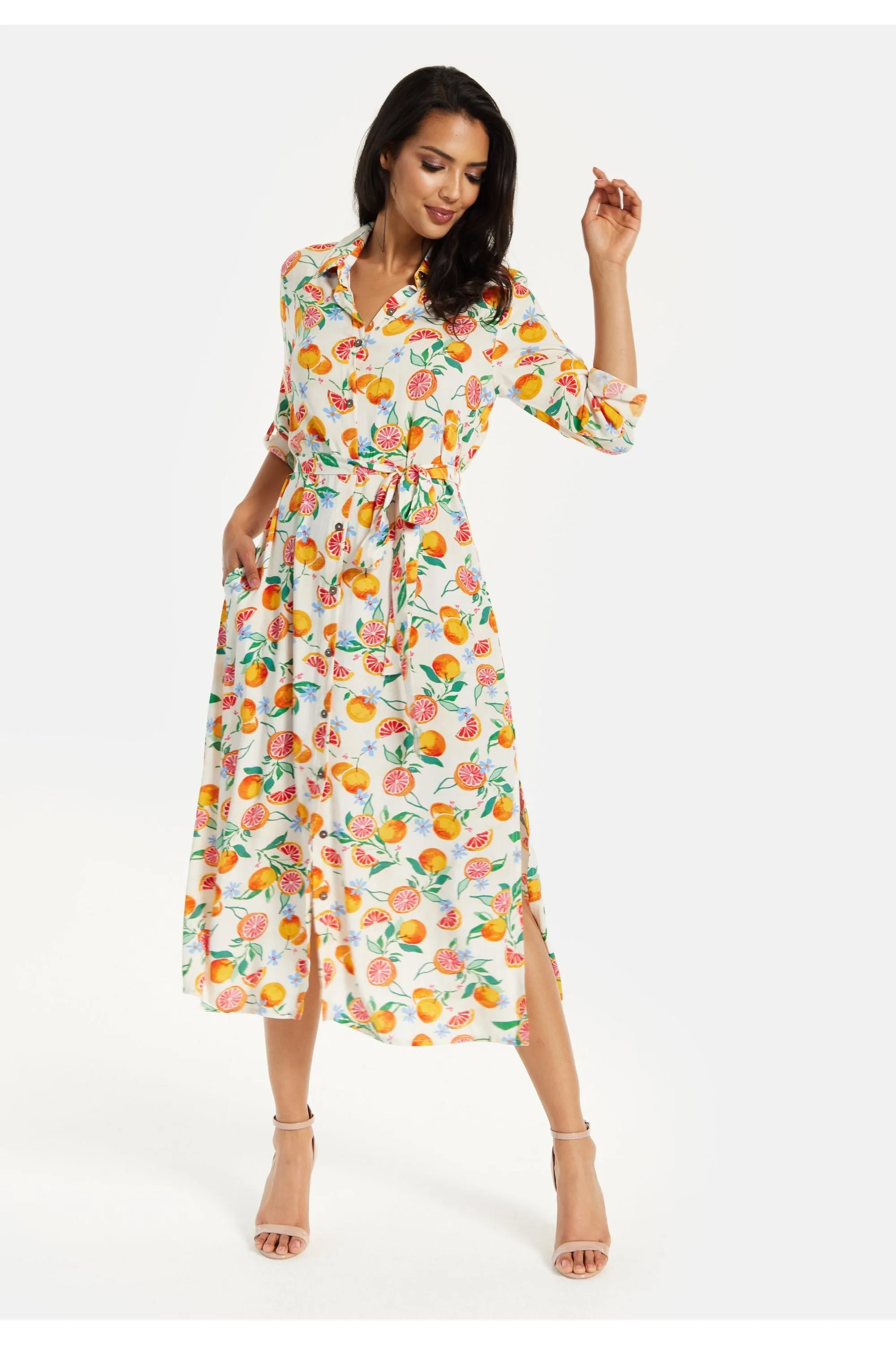 Liquorish Fruit Print Button Through Shirt Dress sold by Goddiva