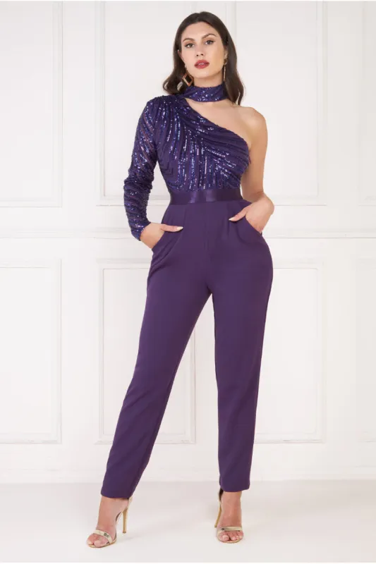 One Shoulder Sequin Jumpsuit - Purple by Goddiva sold by Goddiva