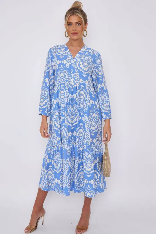 LOVE SUNSHINE Blue Pattern Print Bamboo Textured Smock Midi Dress made by Goddiva