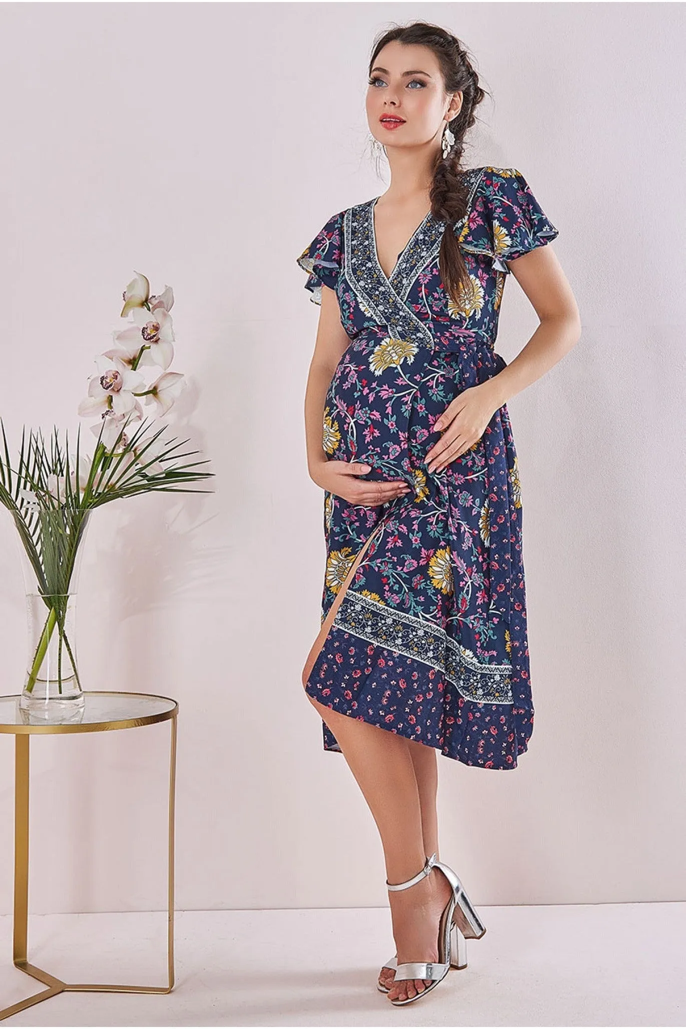 Maternity Floral Print Midi Navy Print by Goddiva sold by Goddiva