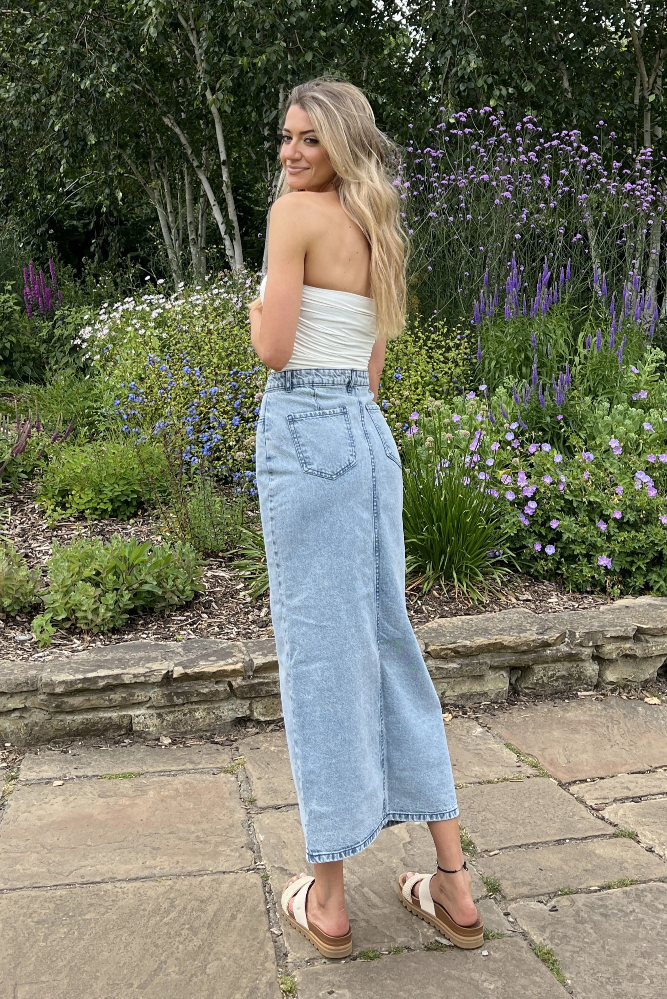 Silkroad Daughters Denim Pencil Midi Skirt sold by Goddiva product image thumbnail 3