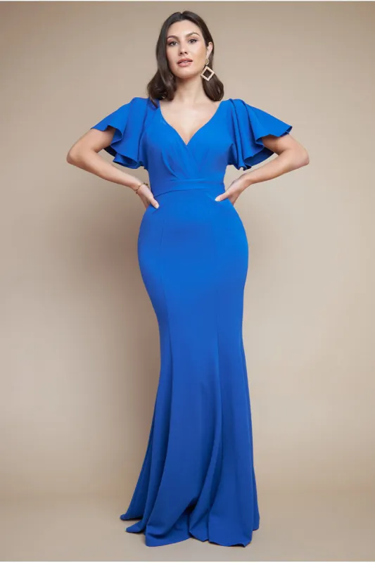 Flared Sleeve Front Wrap Maxi Dress - Royal Blue by Goddiva sold by Goddiva