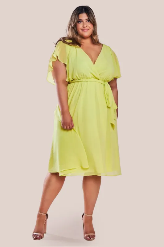 Goddiva Plus Flutter Sleeve Wrap Midi Dress - Soft Lemon sold by Goddiva