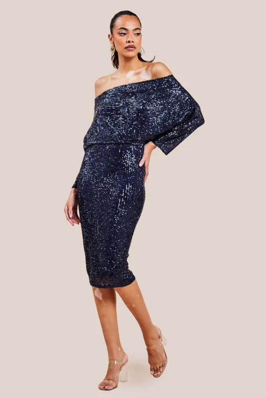 Sequin Cowl Neck Midi Dress - Navy by Goddiva sold by Goddiva