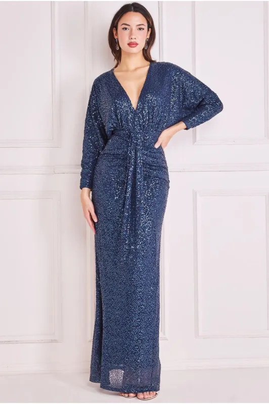 Plunge V-Neck Sequin Maxi - Navy by Goddiva sold by Goddiva