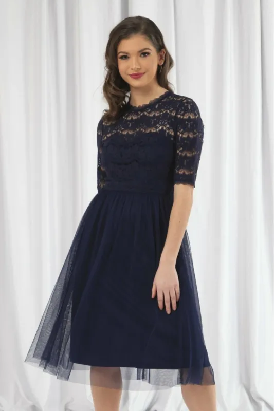 Double Second Navy Lace Dress With Tulle Skirt sold by Goddiva