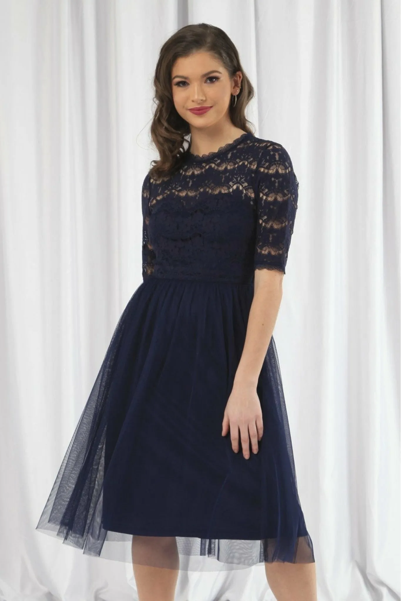 Double Second Navy Lace Dress With Tulle Skirt sold by Goddiva