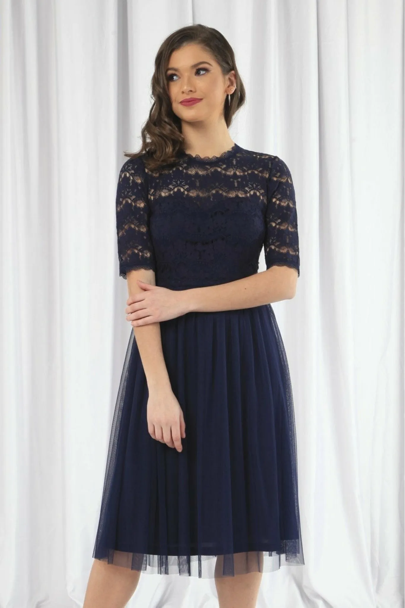 Double Second Navy Lace Dress With Tulle Skirt sold by Goddiva product image thumbnail 3