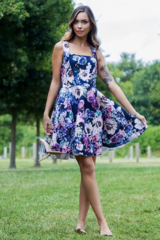 Scuba Foam Floral Skater Mini Dress - Navy by Goddiva sold by Goddiva