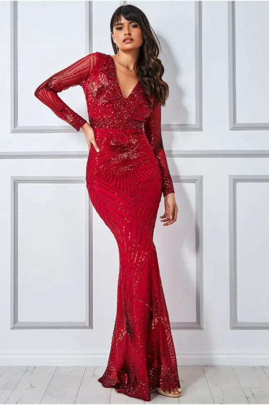 Starburst Effect Maxi Dress - Red by Goddiva sold by Goddiva