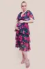 Maternity Layered Floral Midi Dress With Flutter Sleeves - Black Floral by Goddiva sold by Goddiva