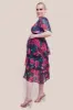 Maternity Layered Floral Midi Dress With Flutter Sleeves - Black Floral by Goddiva sold by Goddiva