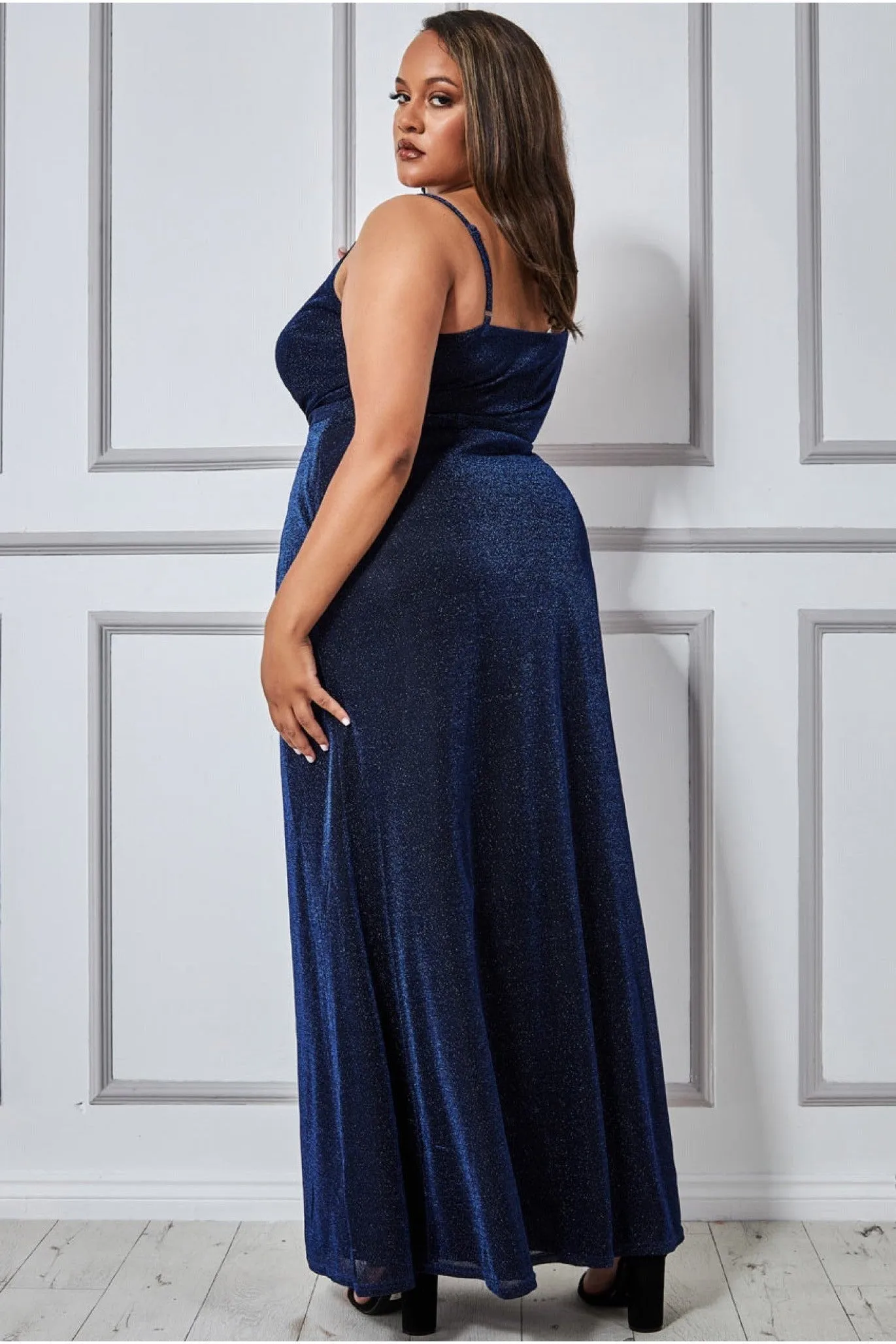 Wrap Style Spaghetti Strap Maxi Split - Navy by Goddiva Plus sold by Goddiva product image thumbnail 2