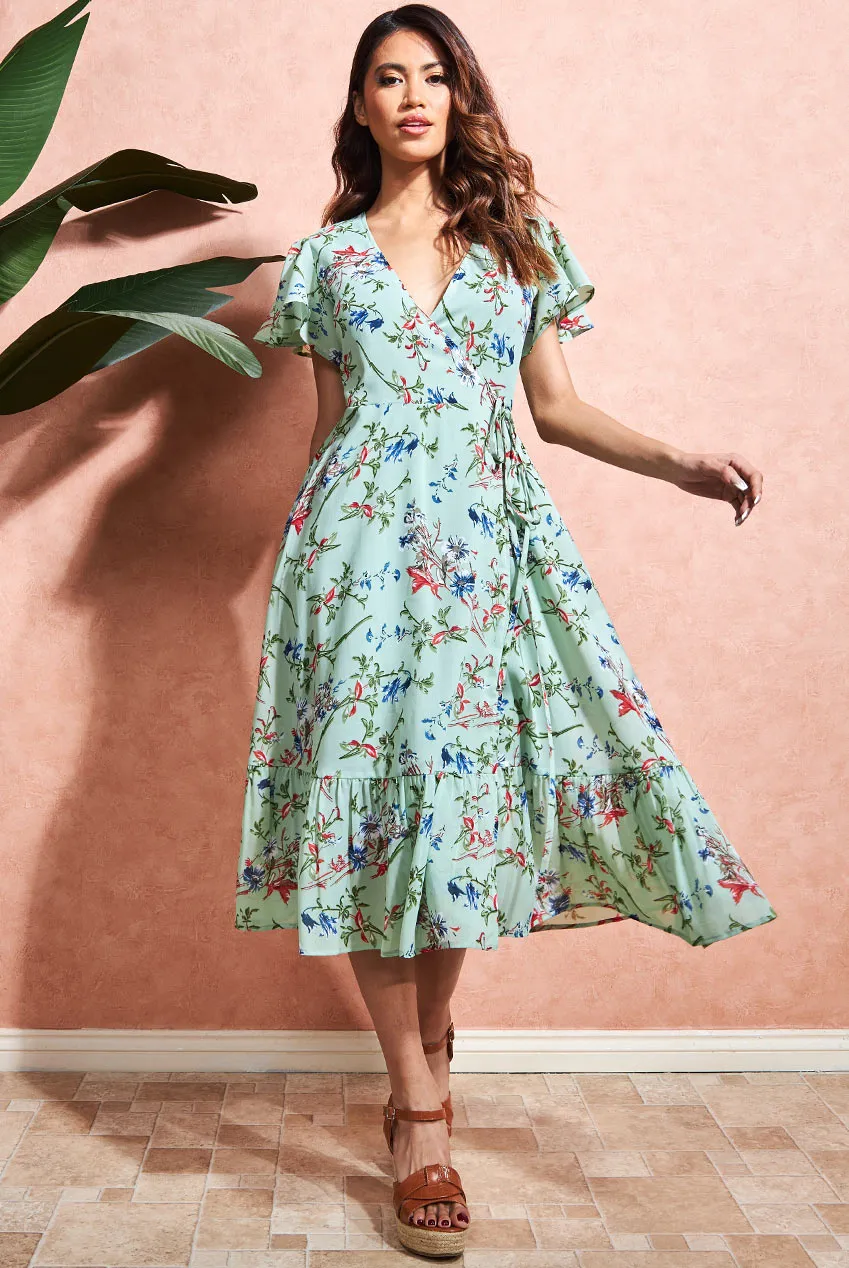 Wrap Flutter Sleeve Floral Midi Dress - Mint by City Goddess sold by Goddiva