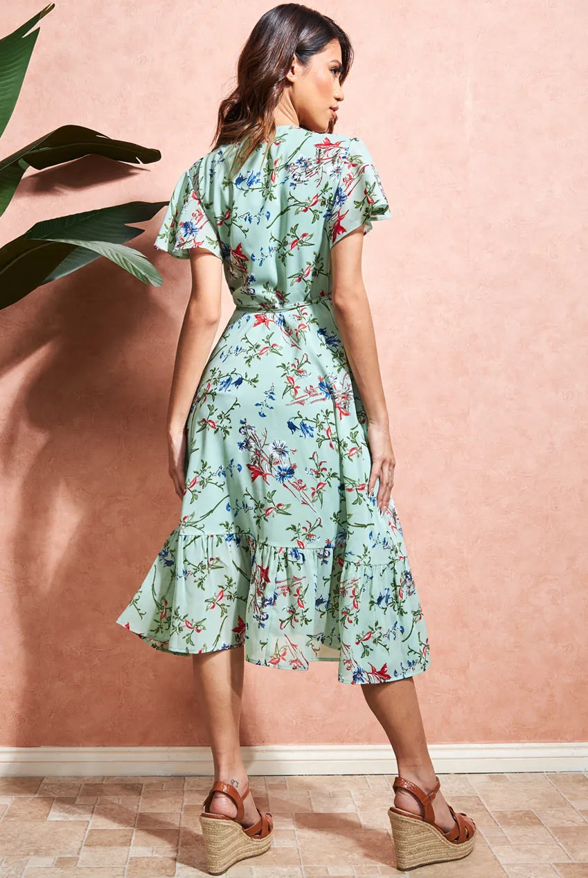 Wrap Flutter Sleeve Floral Midi Dress - Mint by City Goddess sold by Goddiva product image thumbnail 2