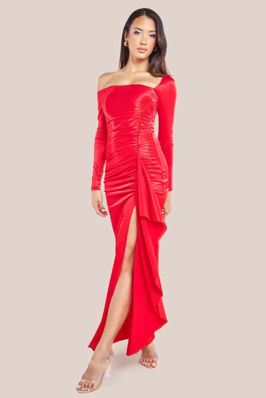 Slinky Satin One Shoulder Split Maxi Dress - Red by Goddiva sold by Goddiva