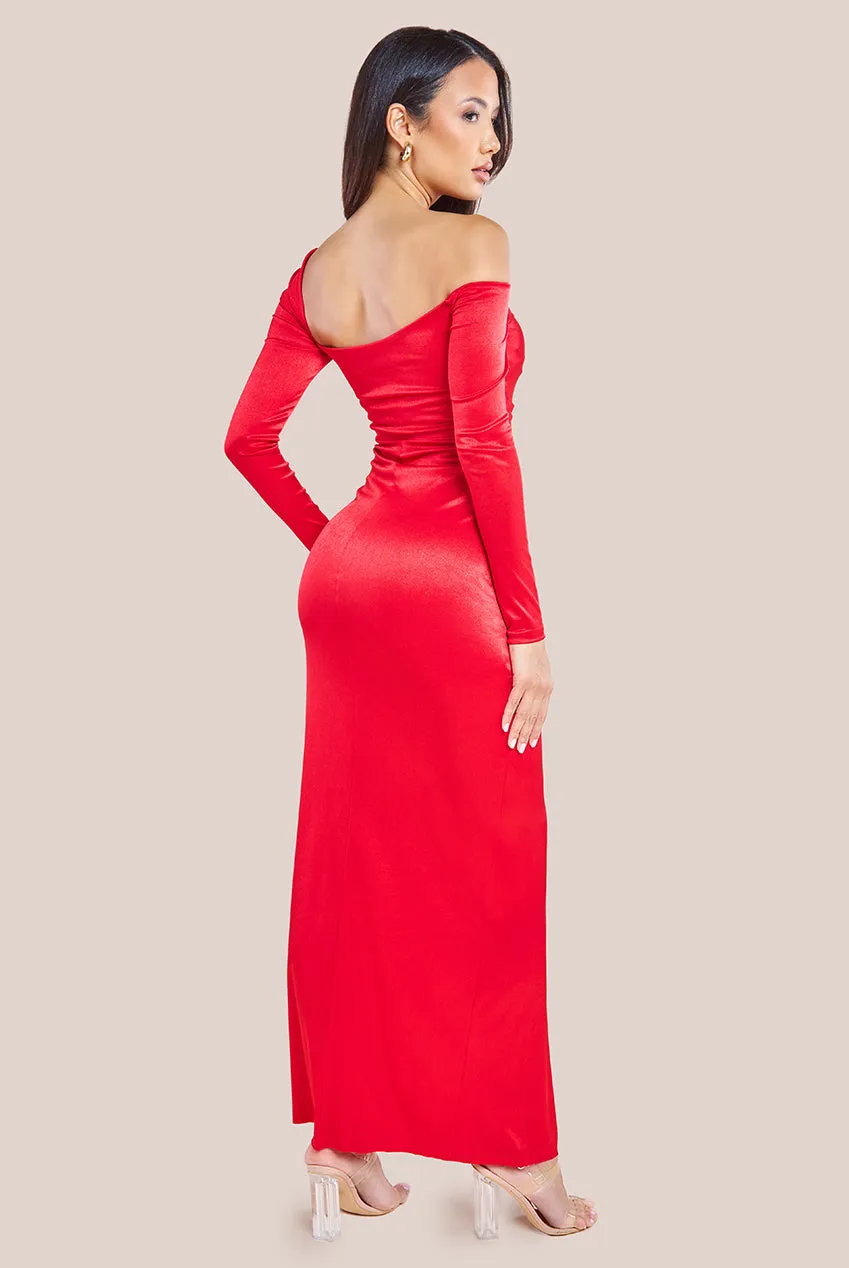Slinky Satin One Shoulder Split Maxi Dress - Red by Goddiva sold by Goddiva product image thumbnail 2