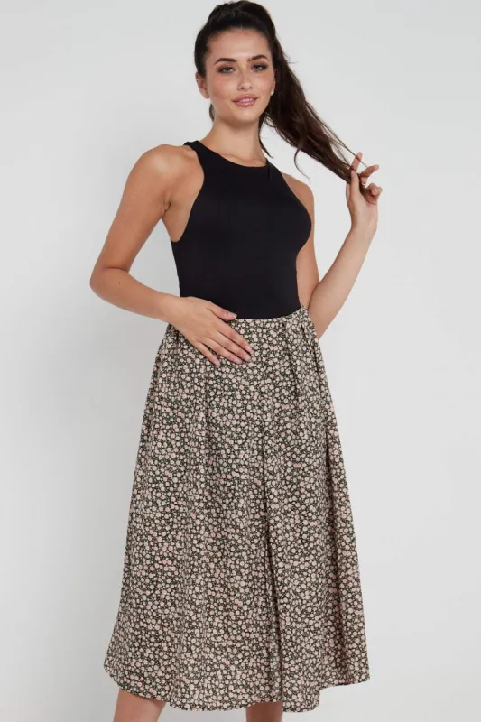 LOVE SUNSHINE Ditsy Floral Printed Side Slit Pleated Midi Skirt sold by Goddiva