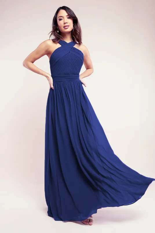 Halter Neck Chiffon Maxi Dress - Navy by Goddiva sold by Goddiva