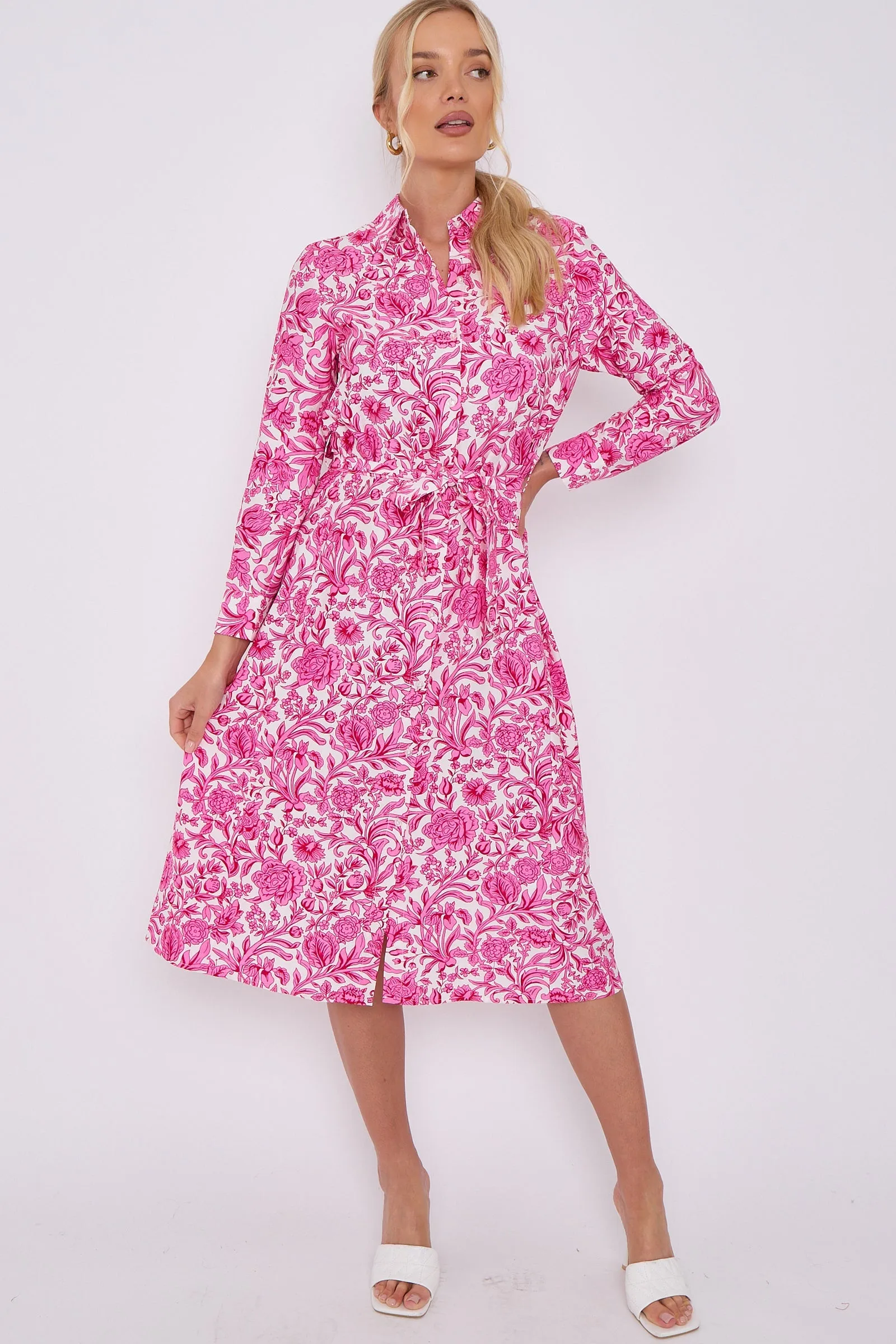 LOVE SUNSHINE Pink Rose Floral Print Long Sleeve Midi Shirt Dress sold by Goddiva product image thumbnail 3